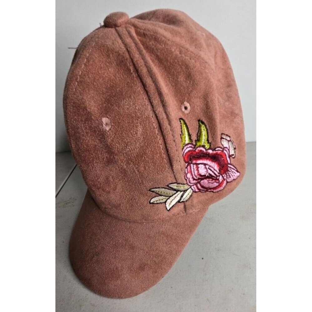 Womens Mudd Hat Cap Pink Faux Suede Rose Embroidered Baseball Hat Adjustable
